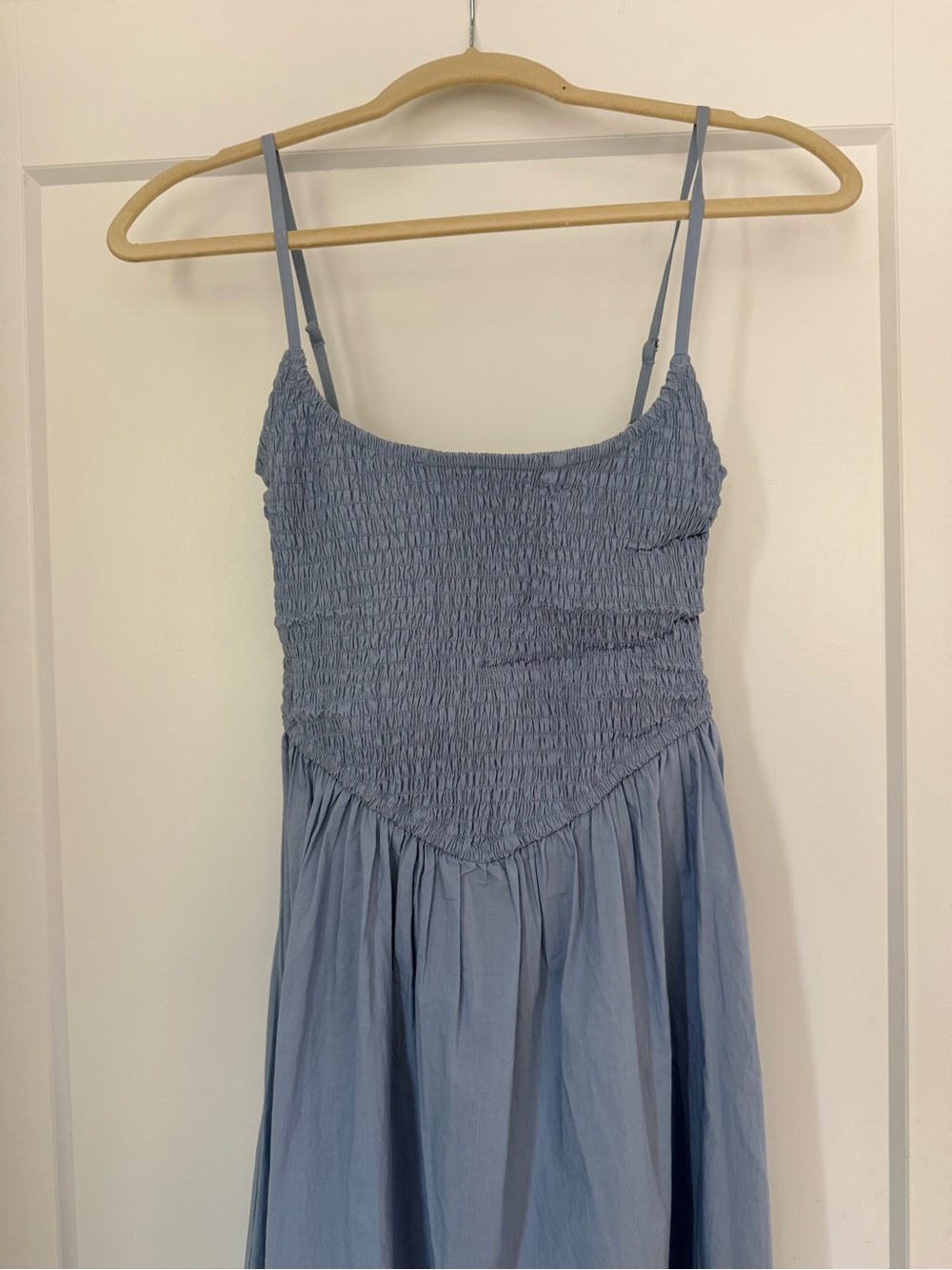 Strapless Smocked Bodice Midi Dress in Dusty Blue - Picture 2 of 6